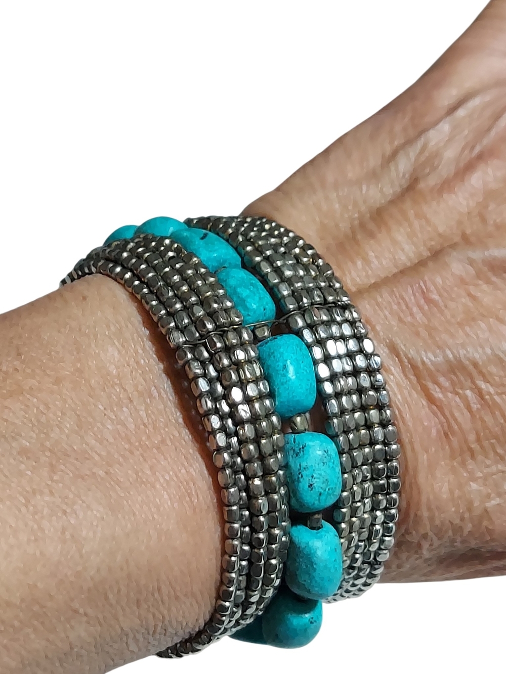 Silver Tone Turquoise Beaded Cuff Bracelet Boho Western Southwestern Statement - Picture 5 of 6